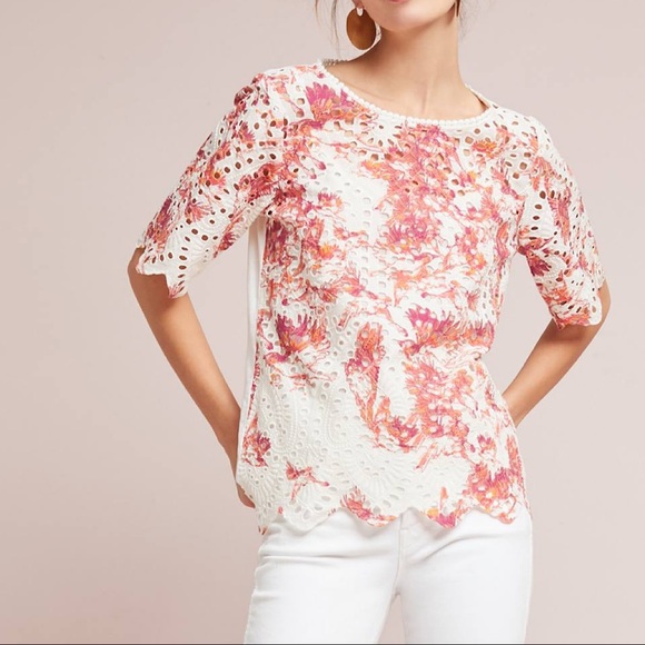 Anthropologie Tops - Anthropologie Sz M Floral Eyelet Top Porridge EUC